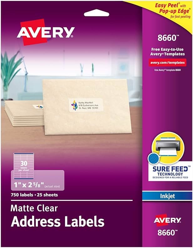 Avery Printable Address Labels with Sure Feed Technology, 1" x 2-5/8", Matte Clear, Compatible with Inkjet Printers, 750 Blank Labels Total, Great for Mailing, Branding, and More (8660) - Product Image