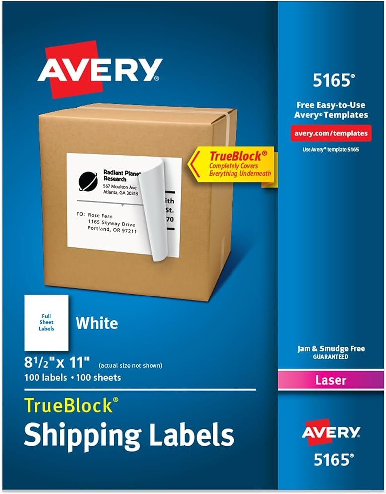 Avery Full-Sheet Printable Shipping Labels, 8.5" x 11" Customizable Stickers, White, 100 Blank Mailing Labels, Great for Mailing, Shipping, Organizing, and More (5165) - Product Image