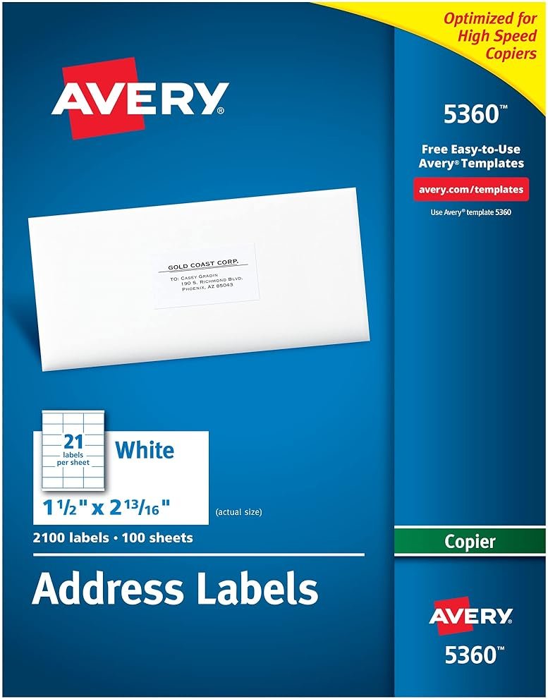 Avery Printable Address Labels for Copiers, 1-1/2" x 2-13/16", White, 2,100 Blank Mailing Labels (05360) - Product Image