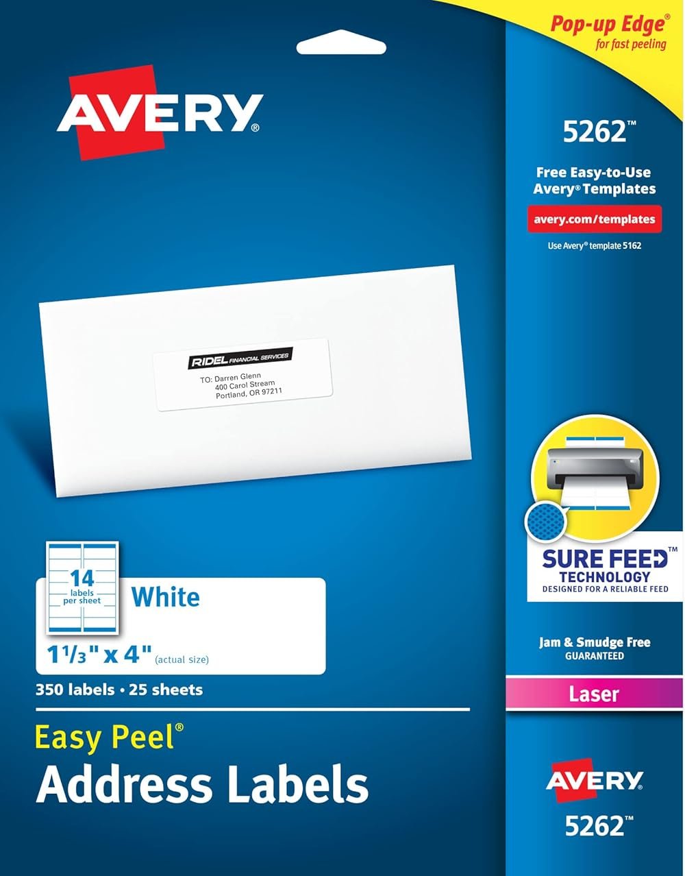 Avery Easy Peel Printable Address Labels with Sure Feed, 1-1/3" x 4", White, 350 Blank Mailing Labels (05262) - Product Image