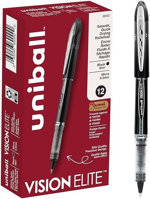 uni-ball Vision Elite Rollerball Pens Fine Point Micro Tip, 0.5mm, Black, 12 Pack - Product Image