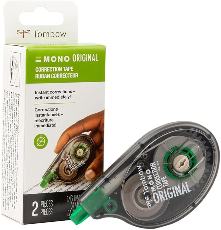 Tombow 68627 MONO Correction Tape, Non-refillable, White, 1/6" x 394", 2 Count (Pack of 1) - Product Image
