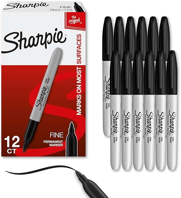 Sharpie Permanent Markers, Fine Tip, Black, 12 Count - Quick Drying, Fade Resistant, For Wood, Plastic, Paper, Metal, And More - Product Image
