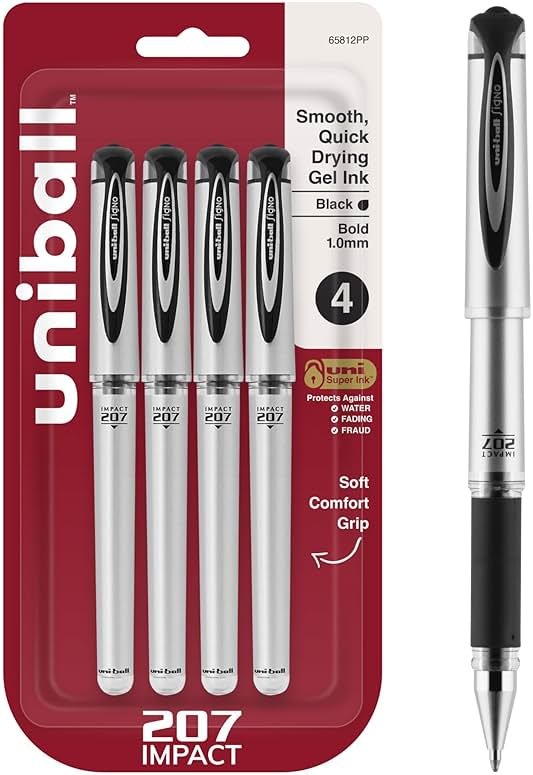 uni-ball Signo 207 Impact Stick Gel Pen, 4 Black Pens, 1.0mm Bold Point Gel Pens, Smooth Writing, Archival-Quality Ink, Acid-Free, Superior Comfort - Product Image