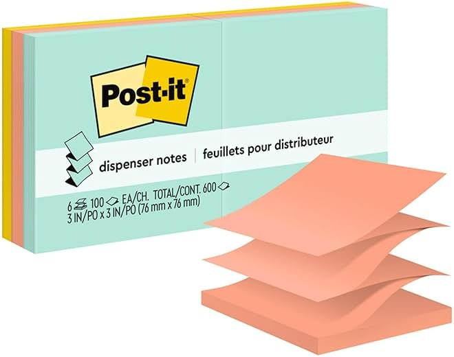 Post-it Pop-up Notes, 6 Sticky Note Pads, 3 x 3 in., School Supplies, Office Products, Accordion Sticky Notes Work with Pop-Up Note Dispenser, Beachside Café Collection - Product Image