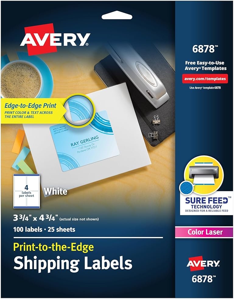 Avery Print-to-the-Edge Printable Shipping Labels, 3.75" x 4.75", Matte White, Sure Feed Technology, Laser & Inkjet Compatible, 100 Blank Labels, Great for Mailing, Branding, and More (6878) - Product Image