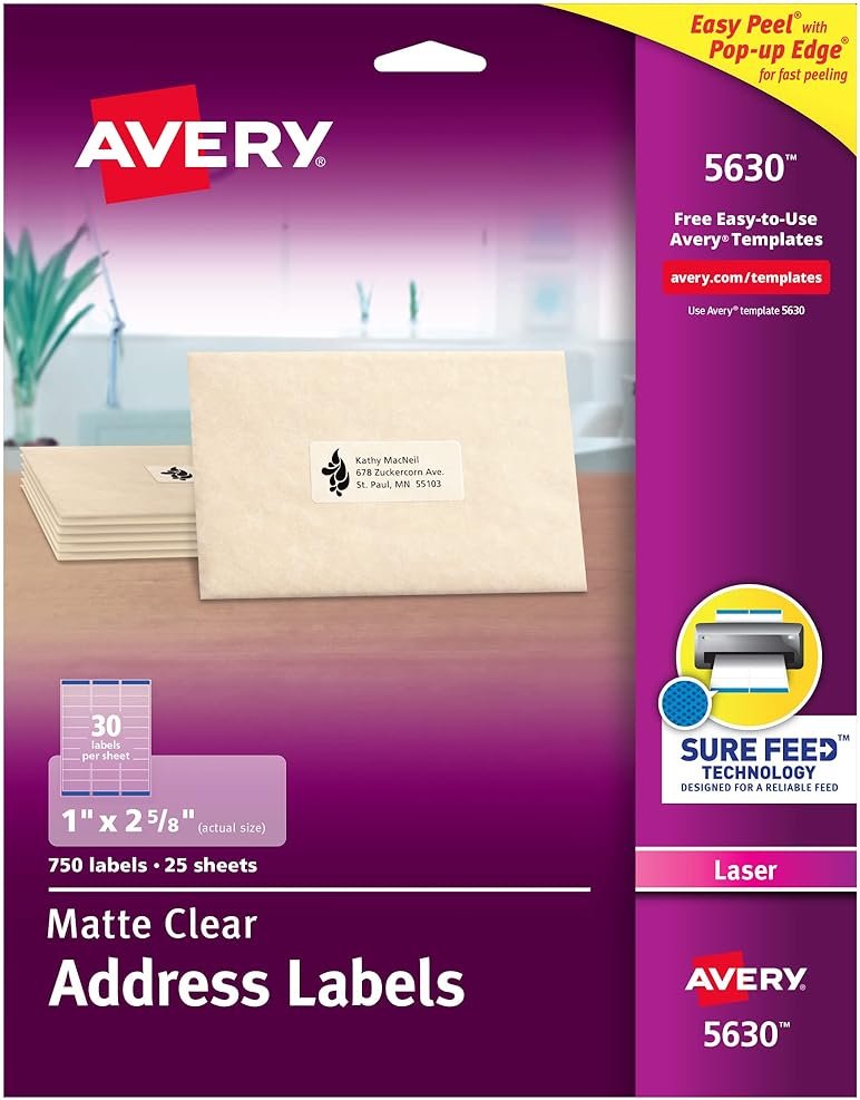 Avery Printable Address Labels, Sure Feed Technology, 1" x 2-5/8", Matte Clear, 750 Blank Mailing Labels (05630) - Product Image