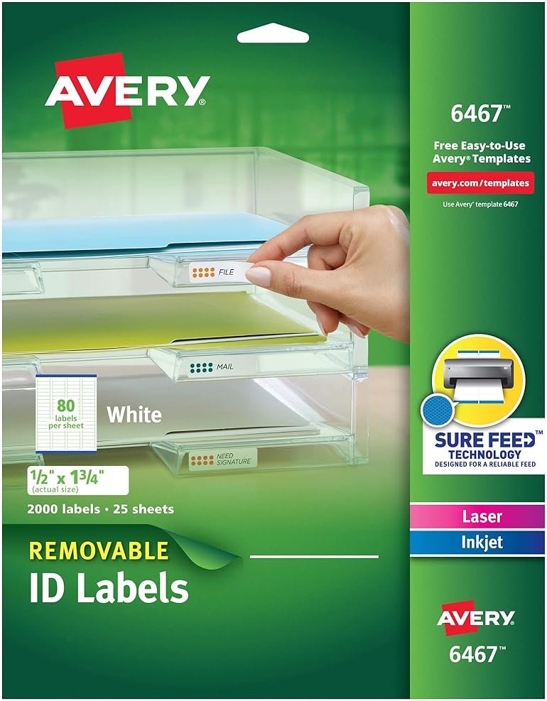Avery Removable ID Labels, Sure Feed, Removable Adhesive, 0.5" x 1.75", 2,000 Labels (6467) - Product Image