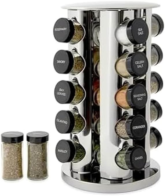Kamenstein 20 Jar Revolving Countertop Spice Rack with Spices Included, FREE Spice Refills for 5 Years, Polished Stainless Steel with Black Caps, 30020 - Product Image