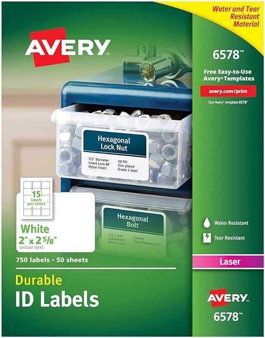 Avery Durable White Cover Up ID Labels for Laser Printers, 2" x 2.625", Pack of 750 (6578) - Product Image