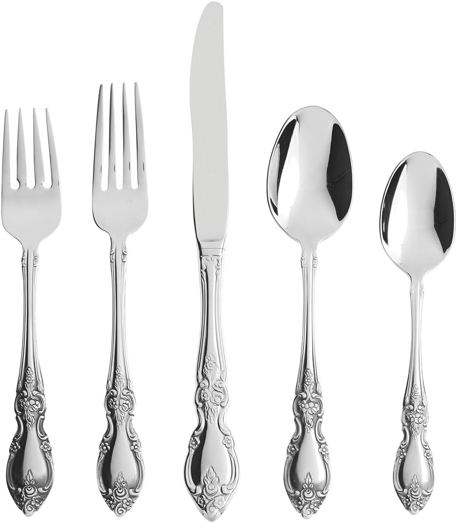 Oneida Silverware Set For 4, Louisiana 20-Piece Fine Flatware Set, Service For 4, 18/8 Stainless Steel, Silver, Mirror Finish, Knives Spoons and Forks, Dishwasher Safe, Tableware (Silver, 20 Pieces) - Product Image