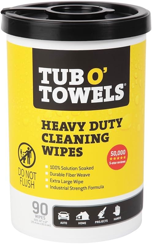 Tub O' Towels Heavy-Duty Multi-Surface Cleaning Wipes – Extra-Large 10" x 12", 90-Count Canister – Removes Grease, Tar, Ink & Tough Stains – Safe for Home, Auto, Garage & More - Product Image