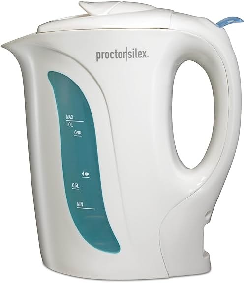 Proctor Silex Electric Tea Kettle, Water Boiler & Heater Auto-Shutoff & Boil-Dry Protection, 1000 Watts for Fast Boiling, 1 Liter, White - Product Image