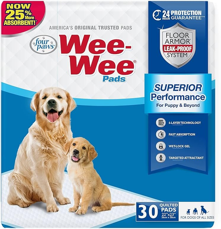 Four Paws Wee-Wee Superior Performance Unscented Pee Pads for Dogs & Puppies, Quilted Leak-Proof Dog Housebreaking Potty Training Floor Protection, 22" x 23", 30 Count - Product Image