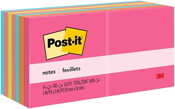 Post-it Notes, 3 in x 3 in. 14 Sticky Notes Pads, 100 Sheets per Pad, Poptimistic Collection, School Supplies and Oﬃce Products, The Original Post-it Note - Product Image