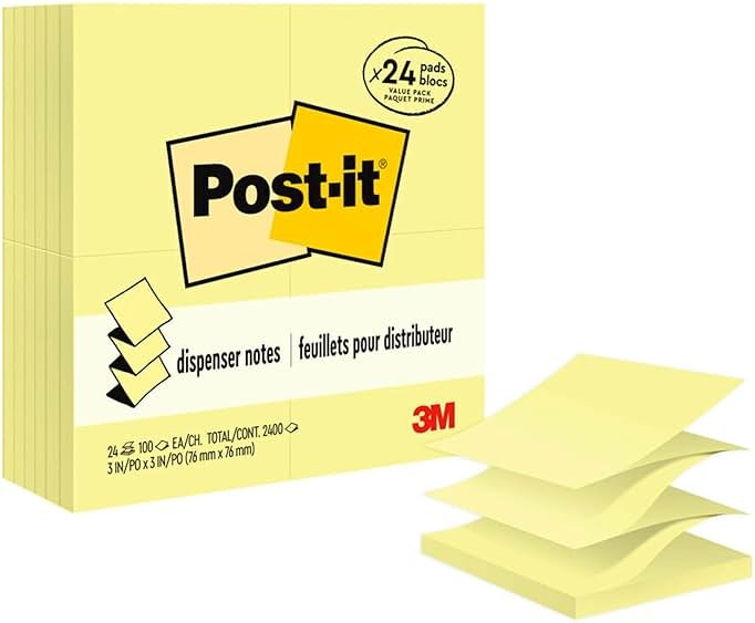 Post-it Dispenser Pop-up Notes, 3x3 in, 24 Pads, Canary Yellow, Clean Removal, Recyclable - Product Image
