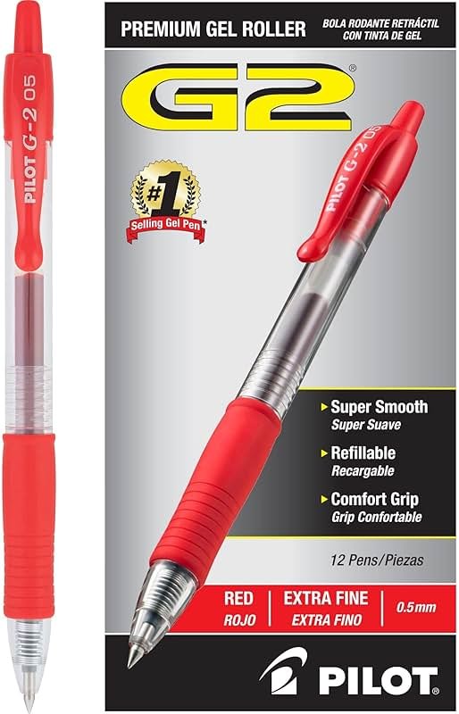 Pilot G2 Premium Refillable and Retractable Rolling Ball Gel Pens, Extra Fine Point, Gel Ink Pens, 0.5mm, Red Ink, 12-Pack - Product Image
