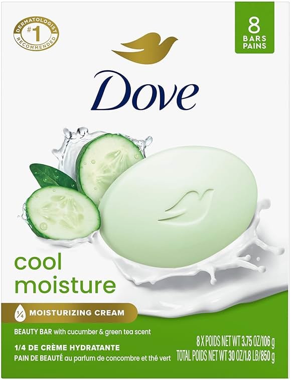 Dove Beauty Bar Soap Cool Moisture Cucumber & Green Tea Scent, 8 Bars for Refreshed Skin, Leaves Skin Refreshed 3.75 oz - Product Image