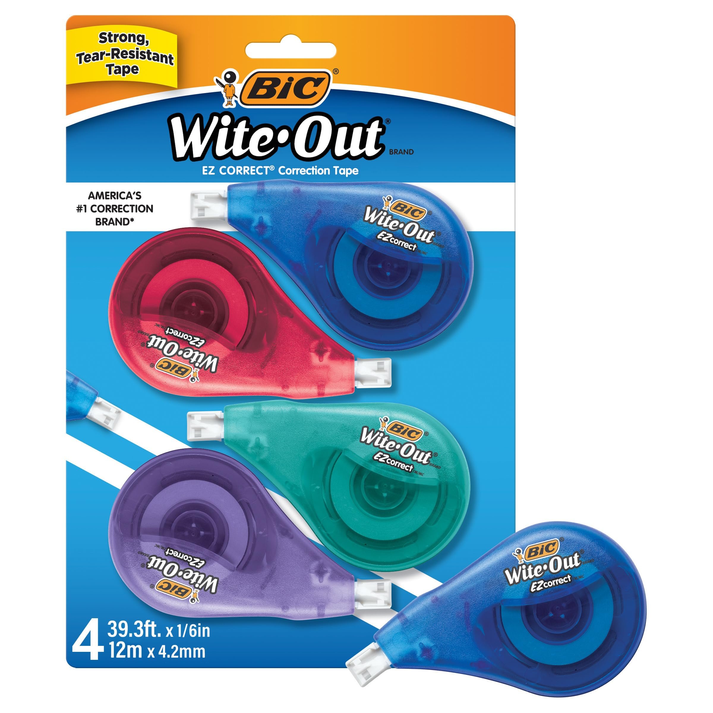 BIC Wite-Out EZ Correct Correction Tape, School Supplies for Students and Teachers, Applies Dry, No Dry Time, Tear Resistant, 4-Count Pack in White - Product Image