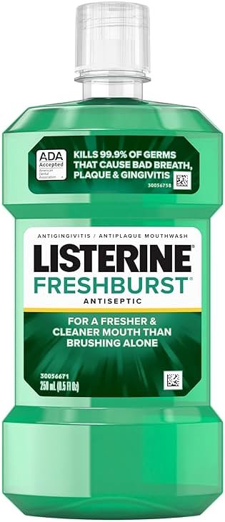 Listerine Freshburst Intense Antiseptic Mouthwash for Bad Breath, Kills 99.9% of Germs that Cause Bad Breath & Fight Plaque & Gingivitis, ADA Accepted Mouthwash, Intense Spearmint, 250 mL - Product Image