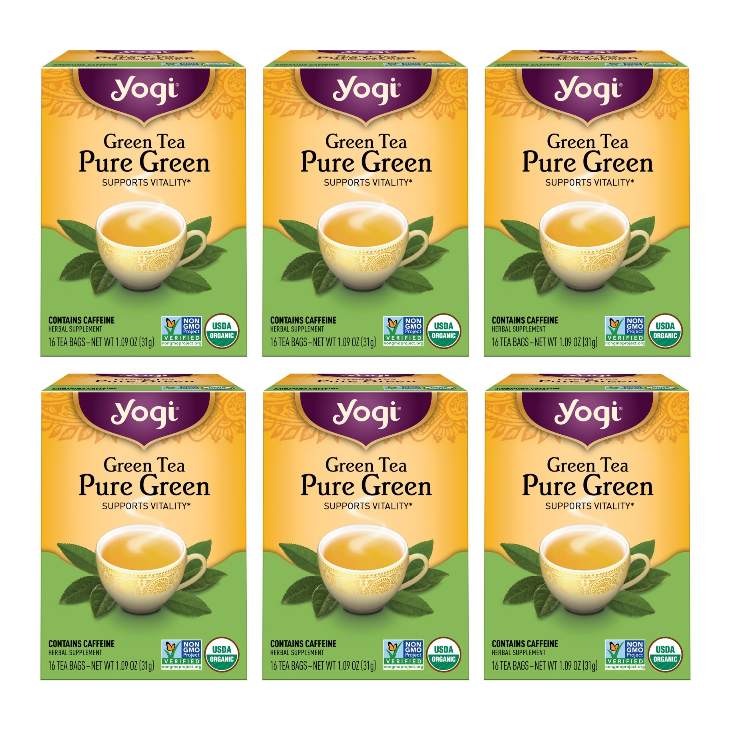 Yogi Tea Pure Green Tea - 16 Bags per Pack (6 Packs) - Organic - Supports Overall Health & Provides Antioxidants - Product Image