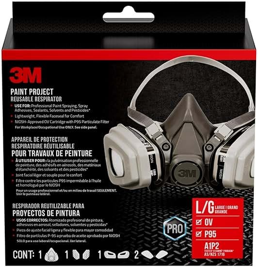 3M OV/P95 Paint Project Respirator 6311, Reusable Respirator, 1-Facepiece, 1-pair of Replaceable NIOSH-Approved 6001 Cartridges, 2 -pairs of 5P71 Filters and 1-pair of 501 Retainers, Large, 1 per pack - Product Image