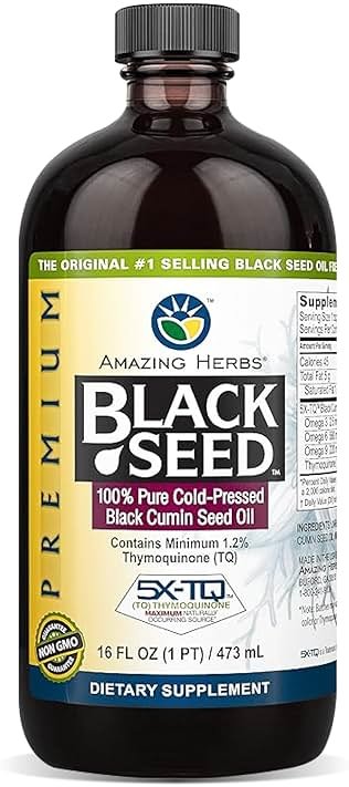 Amazing Herbs Premium Black Seed Oil - Cold Pressed Nigella Sativa Aids in Digestive Health, Immune Support, Brain Function, Joint Mobility, Gluten Free, Non GMO - 16 Fl Oz - Product Image