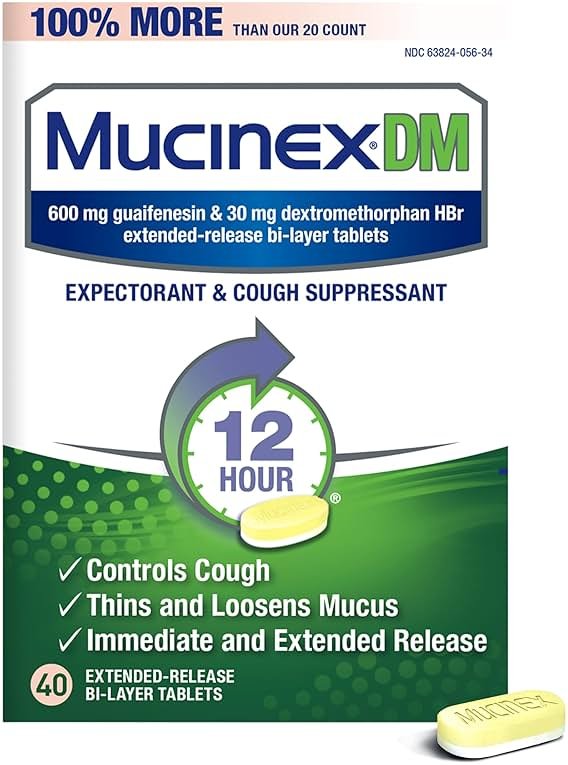 Mucinex DM 12Hr Chest Congestion & Cough Medicine For Adults, Cold And Cough Medicine for Excess Mucus Relief, 600 mg Guaifenesin & 30 mg Dextromethorphan HBr, 40 Bi-Layer Tablets - Product Image