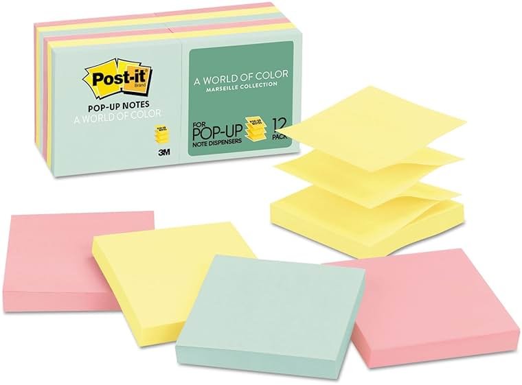 Post-it Pop-up Notes, 12 Sticky Note Pads, 3 x 3 in., School Supplies, Office Products, Accordion Sticky Notes Work with Pop-Up Note Dispenser, Beachside Café Collection - Product Image