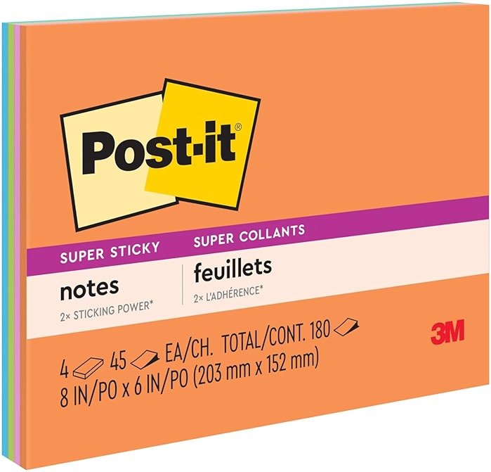 Post-it Super Sticky Lined Notes, 4 Sticky Note Pads, 8 x 6 in., School Supplies for Students, Ideal for Textbooks, Notebooks, Walls and Vertical Surfaces, Energy Boost Collection - Product Image