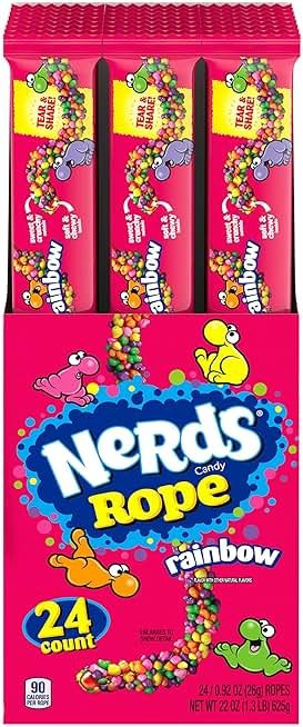 NERDS Rope Rainbow Candy, Crunchy & Gummy, 0.92 oz, 24 Pk | Gummy rope, tangy crunchy NERDS candy coating, individually wrapped, party favors, lunchbox, bulk - Product Image
