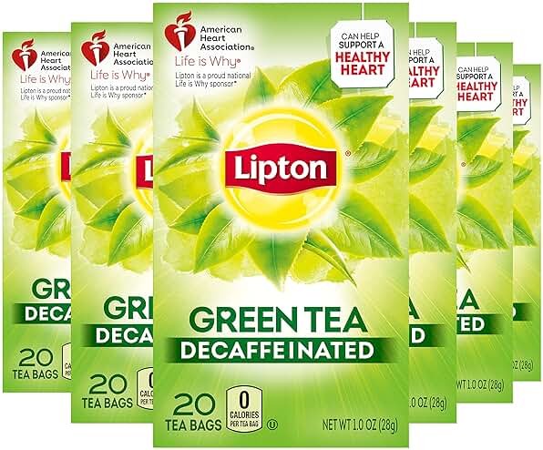Lipton Decaffeinated Green Tea Bags, Hot or Iced, Can Support Heart Health, 20 Tea Bags (Pack of 6) - Product Image