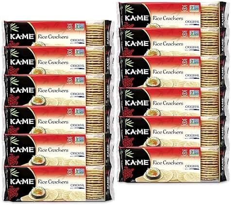 KA-ME Gluten-Free Original Rice Crunch Crackers 3.5 oz (Pack of 12), Authentic Asian Ingredients and Flavors, Certified Gluten Free Crackers, No Artificial Flavors/Colors, Non GMO Snacks, Served with Asian Salmon, Cream Cheese, Egg & Tuna Salad, Asian Guacamole, Hummus & Many More - Product Image