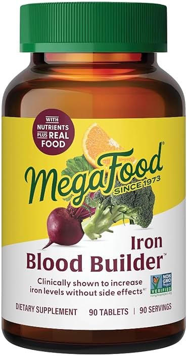 MegaFood Blood Builder Iron Supplement for Women & Men – Increase Iron Levels Without Side Effects – Improves Energy Levels – B12, Folic Acid & Vitamin C for Absorption – Vegan, Non-GMO - 90 Tablets - Product Image