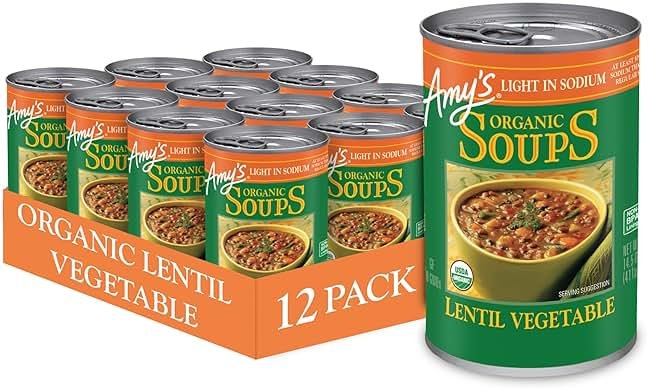 Amy’s Soup, Vegan Light in Sodium Lentil Vegetable Soup, Gluten Free, Made With Organic Vegetables, Canned Soup, 14.5 Oz (12 Pack) - Product Image