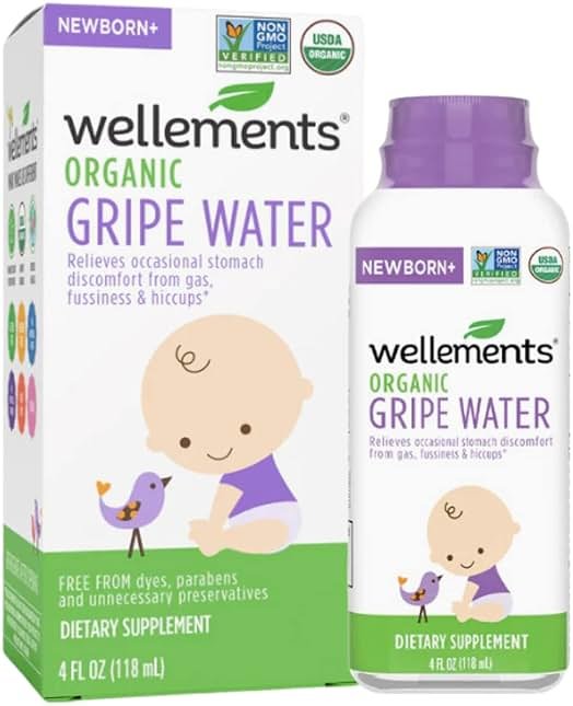 Wellements Organic Gripe Water | Relieves Occasional Stomach Discomfort from Baby Gas, Colic, Hiccups and Fussiness | Certified Organic and Non-GMO | No Artificial Flavors | 4 Fl Oz. | Ages Newborn+ - Product Image