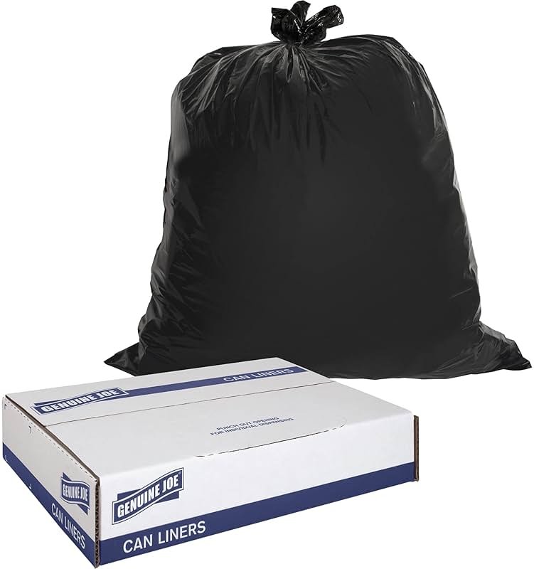 Genuine Joe GJO01535 Heavy Duty Low-Density Puncture Resistant Can Liner, 60 gallon Capacity, 56" Length x 39" Width x 1.50 mil Thickness, Black (Box of 50) - Product Image