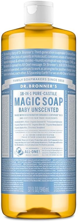 Dr. Bronner's Pure-Castile Magic Soap Liquid (Baby Unscented, 32 Ounce) – Made with Regenerative Organic Certified Oils – For Sensitive Skin, Babies, Face, Hair, Laundry, Dishes, Hand Soap & Body Wash - Product Image