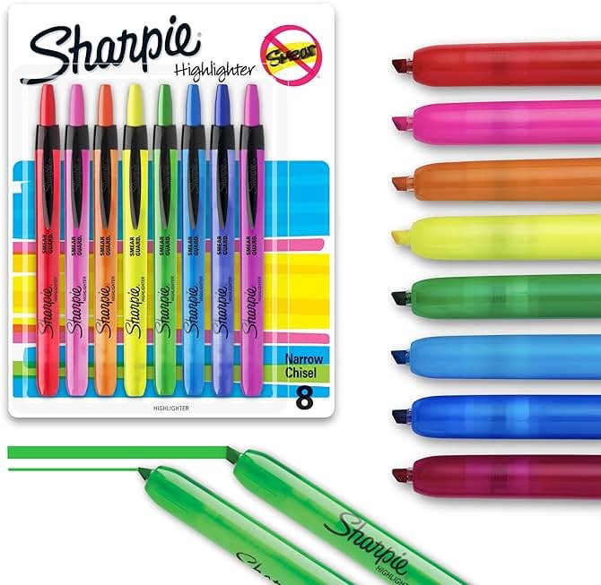 Sharpie Retractable Highlighters, Chisel Tip, Assorted Colors, 8 Count - Journaling, Classroom, Study Supplies - Product Image