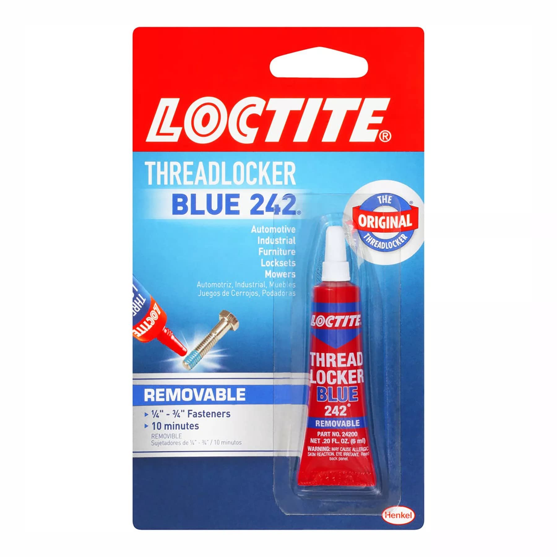 Loctite Threadlocker Blue 242 - Removable Thread Lock Glue for Nuts, Bolts, & Fasteners, Medium Strength Screw Glue to Prevent Loosening & Corrosion - 6 ml, 1 Pack - Product Image