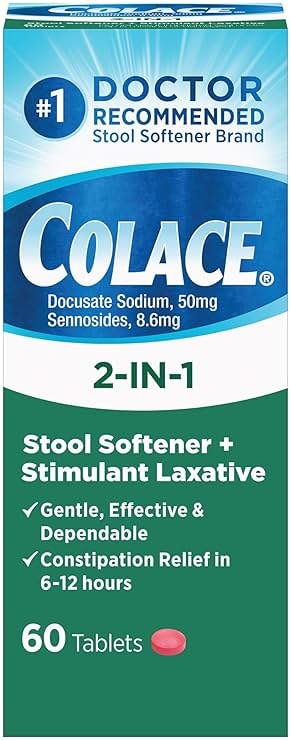 Colace 2-in-1 Stool Softener Plus Stimulant Laxative Tablets, 60 Count (Pack of 1), Gentle Constipation Relief, Docusate Sodium Plus Sennosides - Product Image