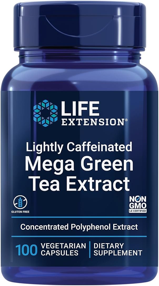 Life Extension Lightly Caffeinated Mega Green Tea Extract, Camellia sinensis Extract with Concentrated EGCG polyphenol Content, Gluten-Free, Non-GMO, Vegetarian, 100 Capsules - Product Image