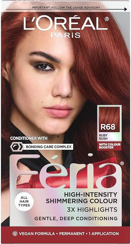 L'Oreal Paris Feria Multi-Faceted Shimmering Permanent Hair Color, R68 Ruby Rush (Rich Auburn True Red), Pack of 1 Hair Dye Kit - Product Image