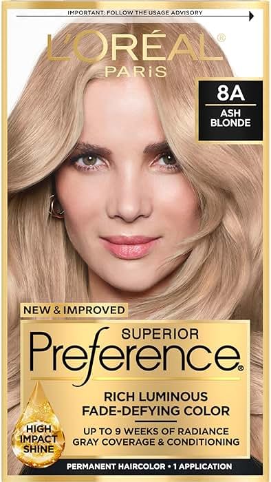 L'Oreal Paris Superior Preference Luminous Fade-Defying Permanent Hair Color, Hair Dye For Up to 9 Weeks of Radiance, Ash Blonde 8A, 1 Hair Dye Kit - Product Image