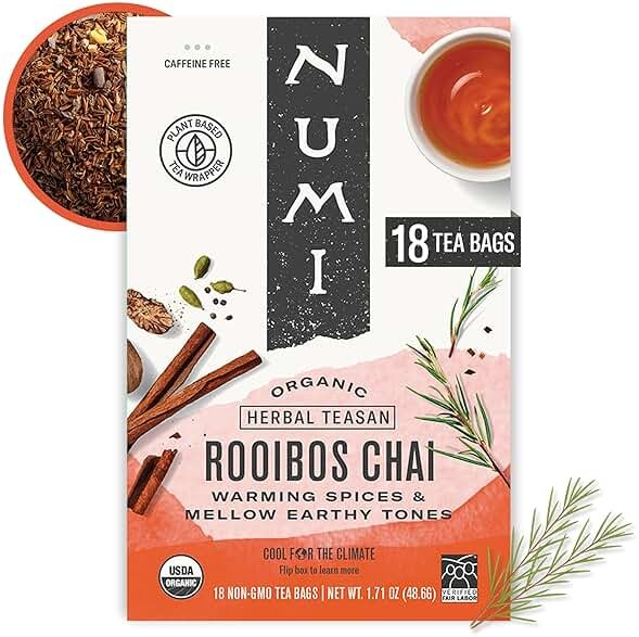 Numi Organic Rooibos Chai Tea, 18 Herbal Bags, Microplastic Free, Rich Flavor with Cinnamon, Allspice & Ginger, Caffeine Free - Product Image
