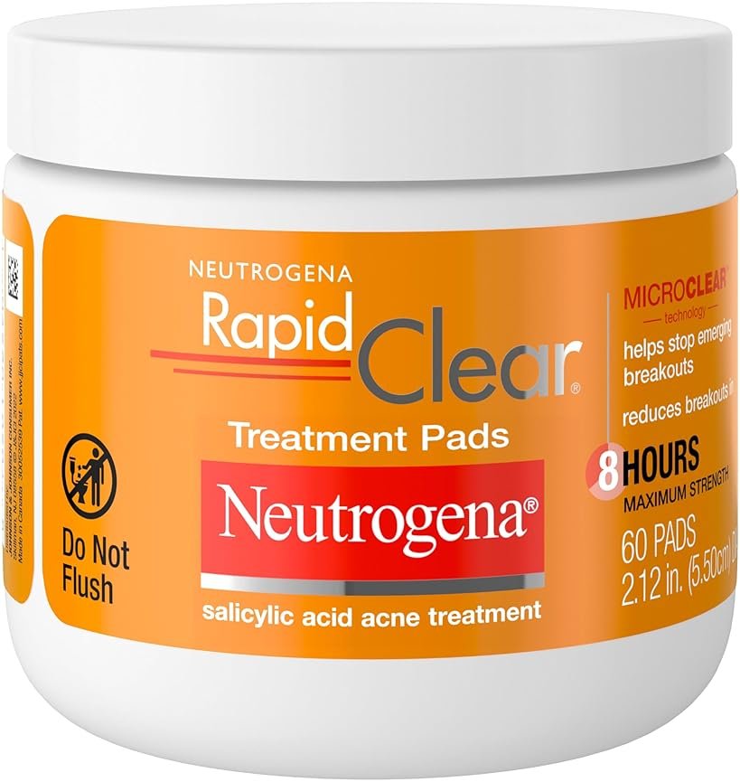 Neutrogena Rapid Clear Acne Treatment Pads with Salicylic Acid Facial Cleanser for Face Cleansing and Oil Removal, Helps Fight Pimples, 60 Count, Resealable Jar - Product Image