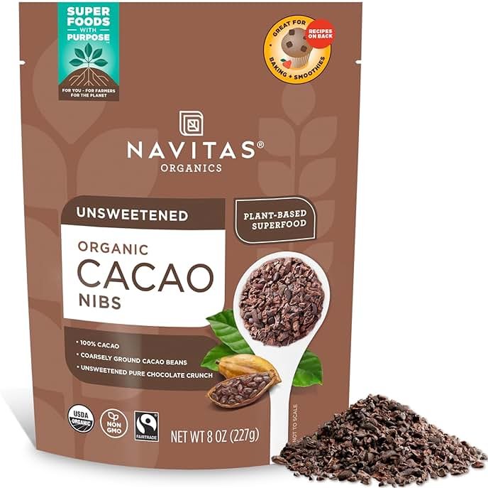 Navitas Organics Cacao Nibs – Unsweetened Dark Chocolate Crunch – Antioxidants, Minerals, Fiber – For Trail Mix, Baking & More – USDA Organic, Fairtrade, Non GMO, Gluten Free, Non-alkalized (8oz. Bag 76 Servings) - Product Image