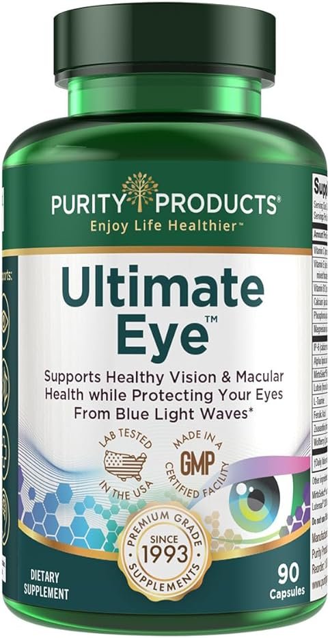 Ultimate Eye Support by Purity Products - 10 mg of Lutein w/Lutemax 20/20, 100 mg of Alpha Lipoic Acid, 2 mg Zeaxanthin Eye Vitamins - Clinically Studied - Blue Light Wave Protection - 90 Capsules - Product Image