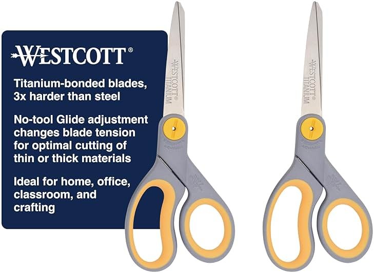 Westcott 8” Titanium Bonded Scissors with Adjustable Glide and Soft Handle, 2-Pack- Durable Multipurpose Scissors for Office, Home, and School Use, Sharp Precision Blades for Everyday Cutting - Product Image