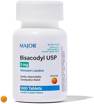 MAJOR Bisacodyl 5 mg - Comfort Coated Stimulant Laxative for Gentle, Dependable, Constipation Relief - 1000 Tablets (1 Pack) - Product Image
